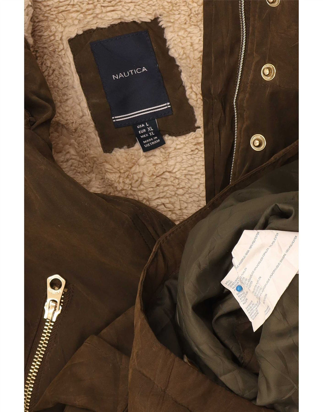 Nautica Dame Sherpa Parka Jacket UK 16 Stor Khaki Polyester