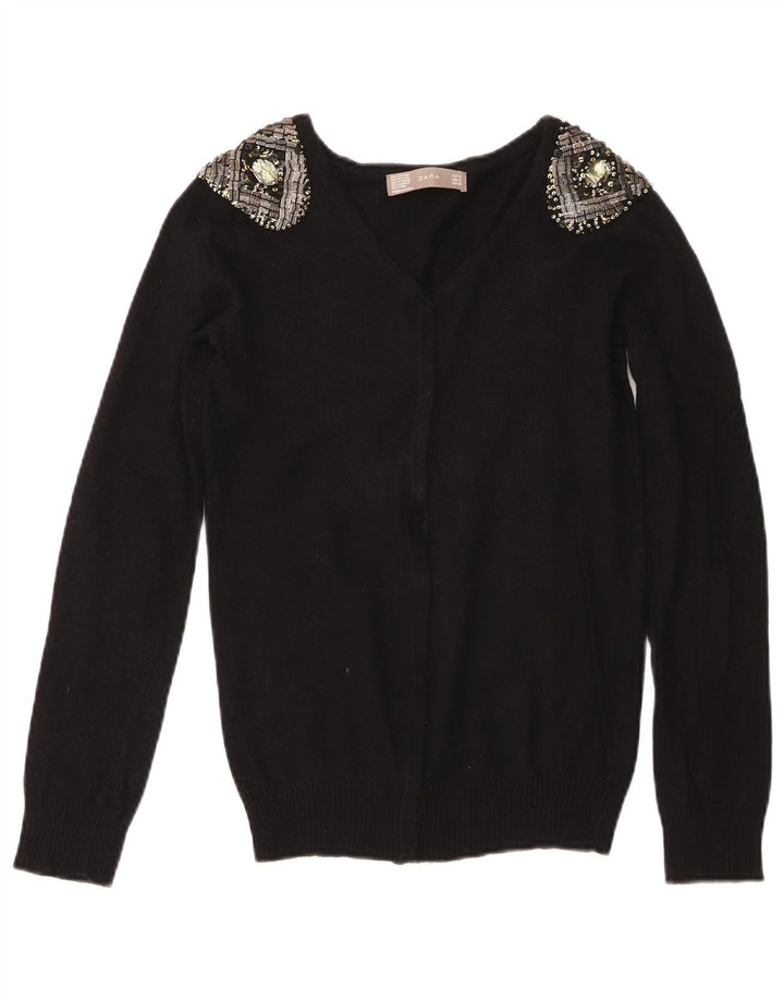 Zara Dame Cardigan Sweater UK 8 Small Black Bomuld