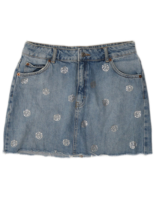 Topshop Dame Mini Denim Nederdel UK 12 Medium W28 Blå Plettet Bomuld
