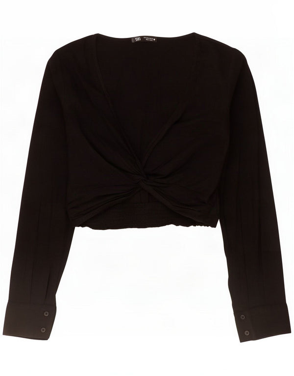 Zara Womens Crop Long Sleeve Blouse Top UK 10 Small Black Linen