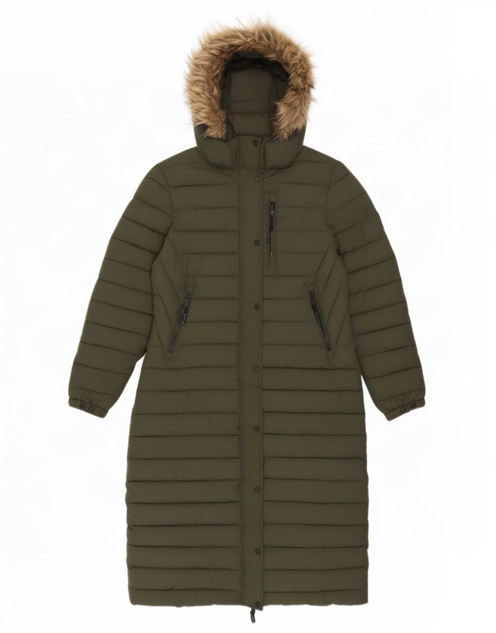 Superdry Polstret frakke med hætte til kvinder UK 14 Stor Khaki Polyester