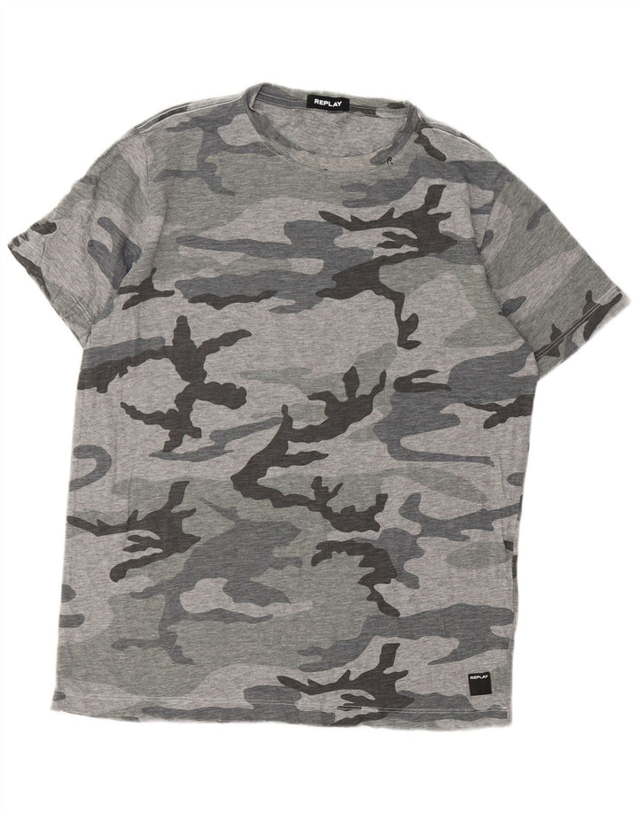 Replay Herre T-Shirt Top Stor Grå Camouflage