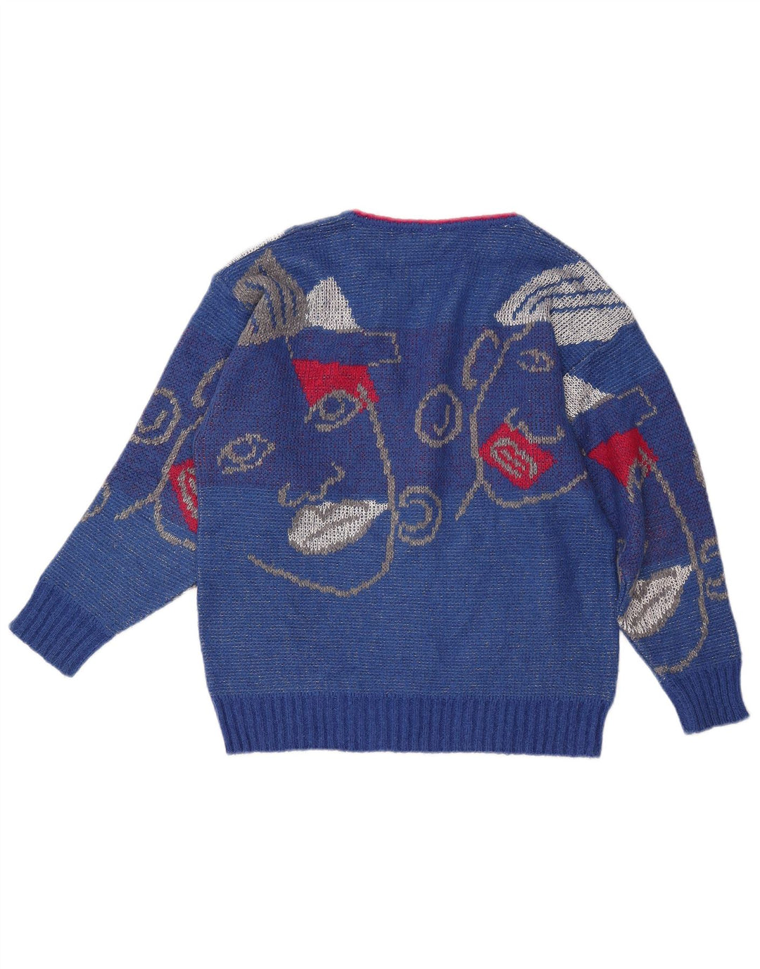 VINTAGE Dame grafisk V-hals sweater UK 16 Large Blue