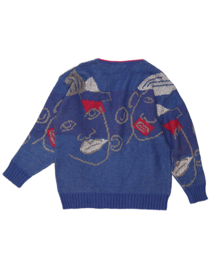 VINTAGE Dame grafisk V-hals sweater UK 16 Large Blue