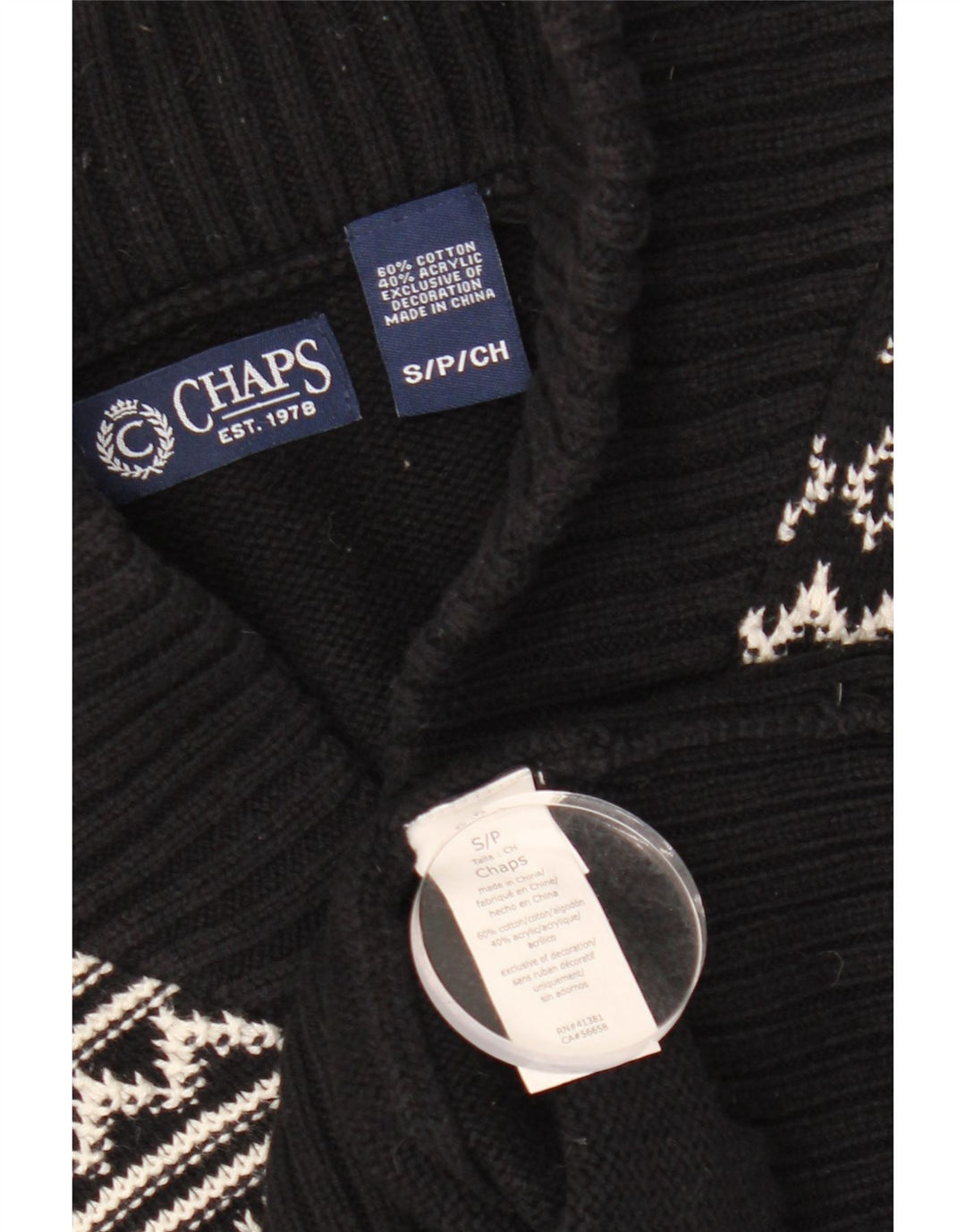 CHAPS Cardigan sweater til mænd Small Black Fair Isle Bomuld