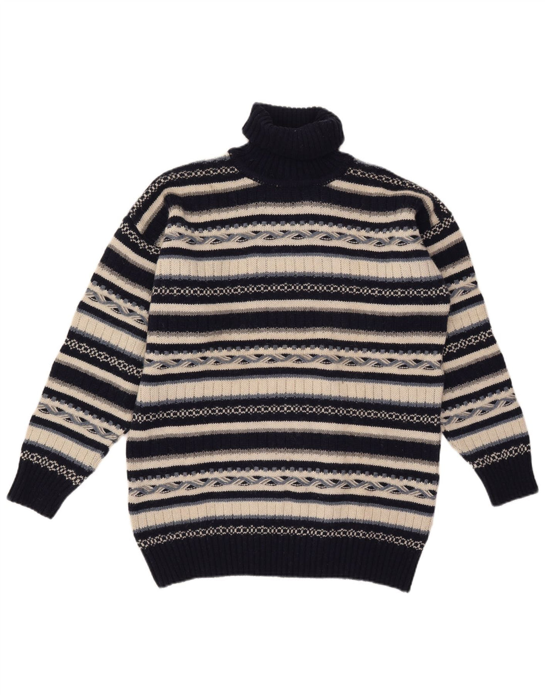 Vintage Herre rullehals sweater mellem marineblå stribet uld