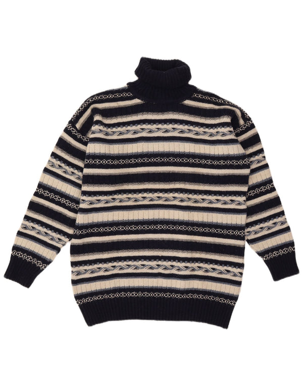 Vintage Herre rullehals sweater mellem marineblå stribet uld