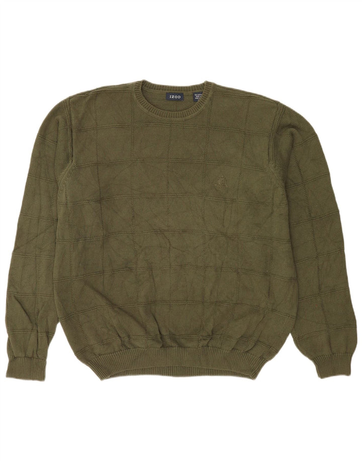 Izod Herre Crew Neck Jumper Sweater Stor Khaki Check Bomuld
