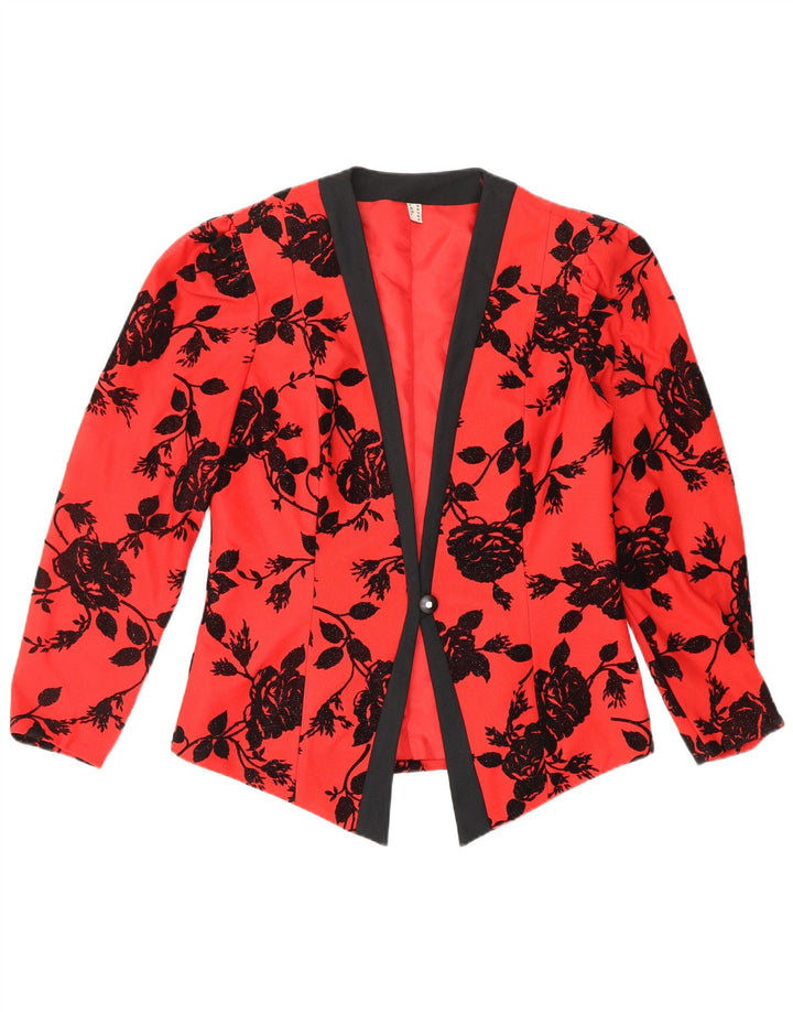 VINTAGE Dame 1-knaps blazerjakke UK 12 Medium rød blomsterpolyester