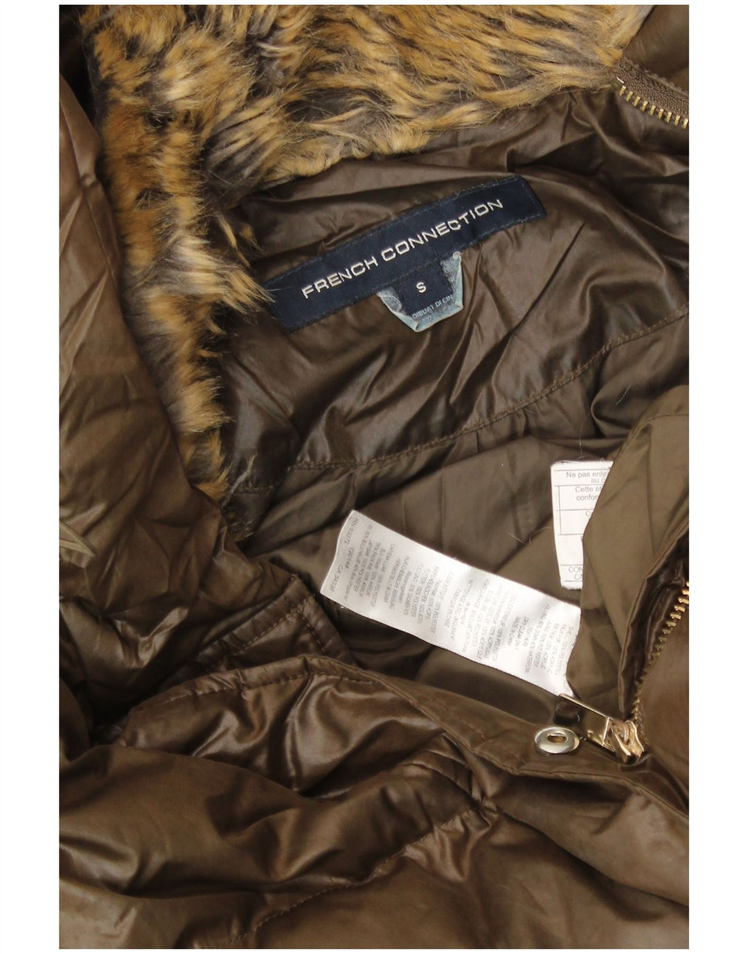 FRANSK FORBINDELSE Dame hætte polstret frakke UK 10 Lille brun polyester