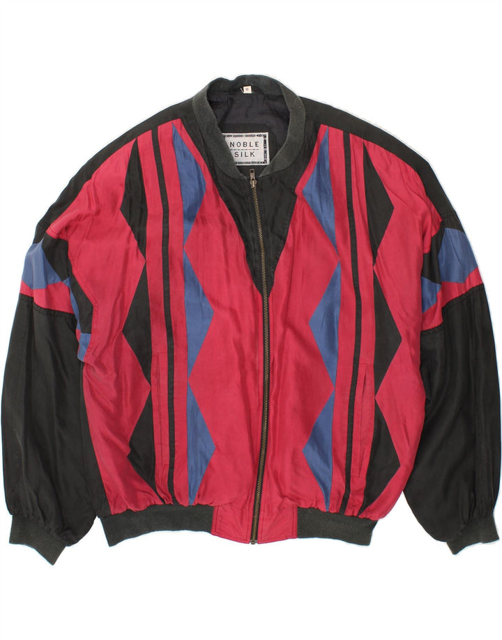 VINTAGE Loose Fit Bomber Jacket UK 38 Medium Sort Geometrisk Silke