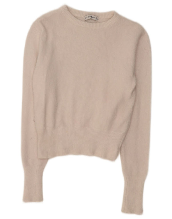 ZARA Womens Crop Boat Neck Jumper Sweater UK 14 Large Beige Nylon