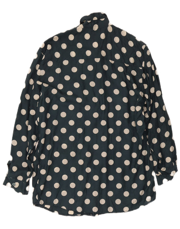 Vintage Dame Longline Relaxed Fit skjorte UK 8/10 Small Navy Blue Polka Dot