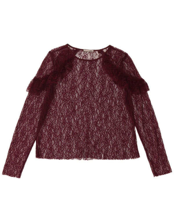 Zara Dame Langærmet Se Through Top UK 12 Medium Burgundy Floral