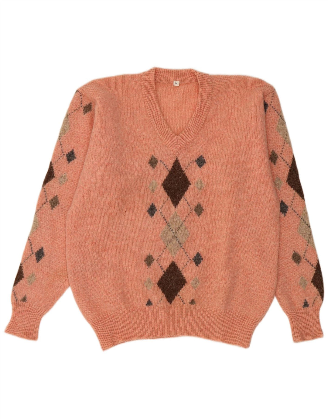 Vintage Herre V-hals sweater Stor Orange Argyle/Diamond