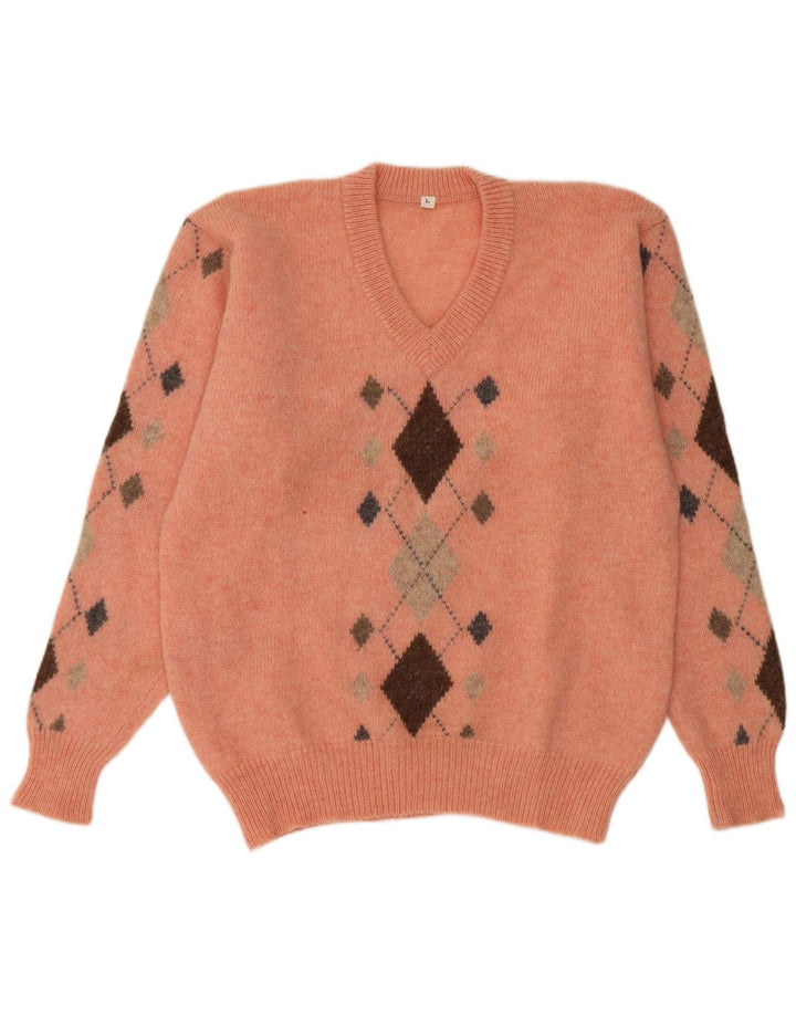Vintage Herre V-hals sweater Stor Orange Argyle/Diamond