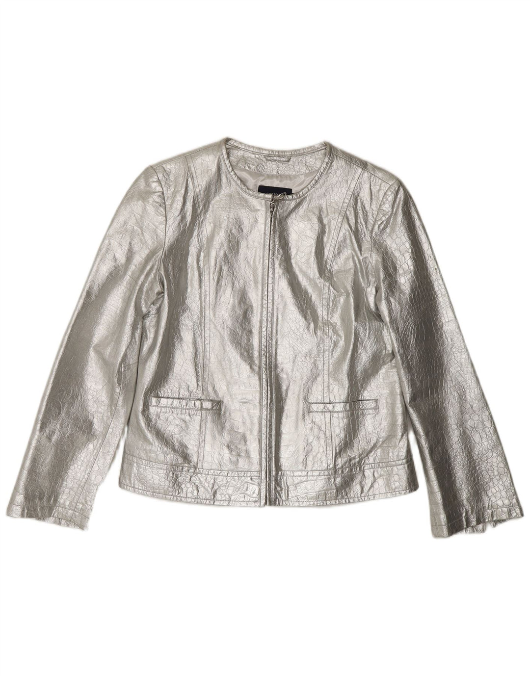 CORTEFIEL Dame Læderjakke UK 12 Medium Sølv Læder