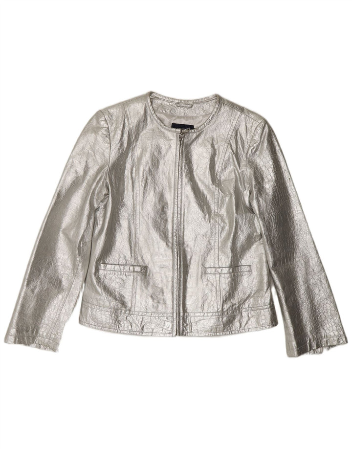 CORTEFIEL Dame Læderjakke UK 12 Medium Sølv Læder