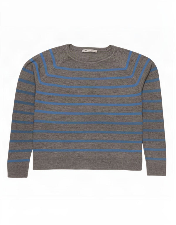 Zara Dame Oversized Boat Neck Jumper Sweater UK 10 Small Grå Stribet