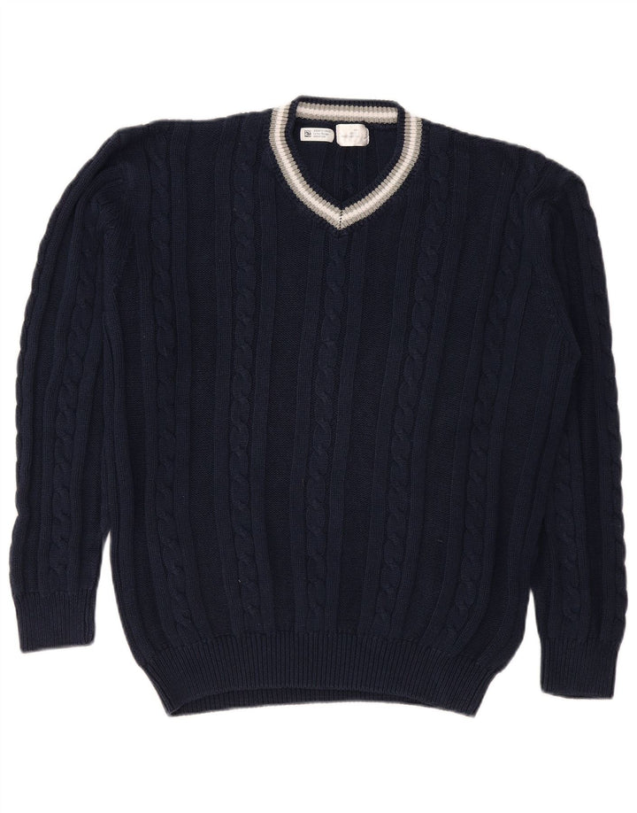 VINTAGE Herre V-hals sweater Stor marineblå bomuld