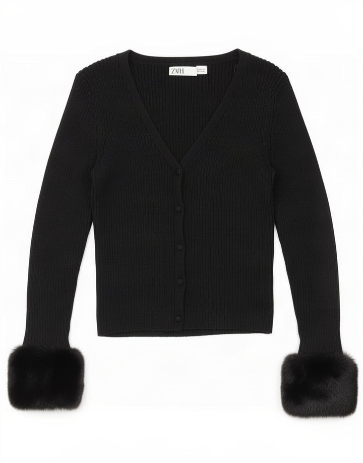 Zara Womens Crop Cardigan Sweater UK 12 Medium Black