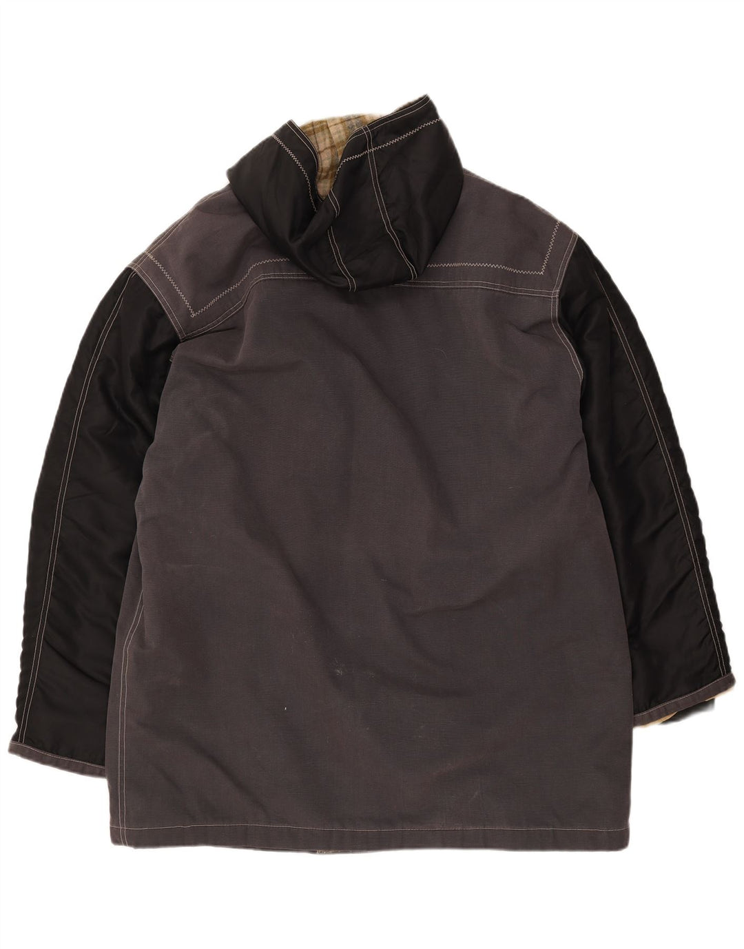 VINTAGE Herre Hooded Duffel Coat UK 42 XL Grå Colourblock Bomuld