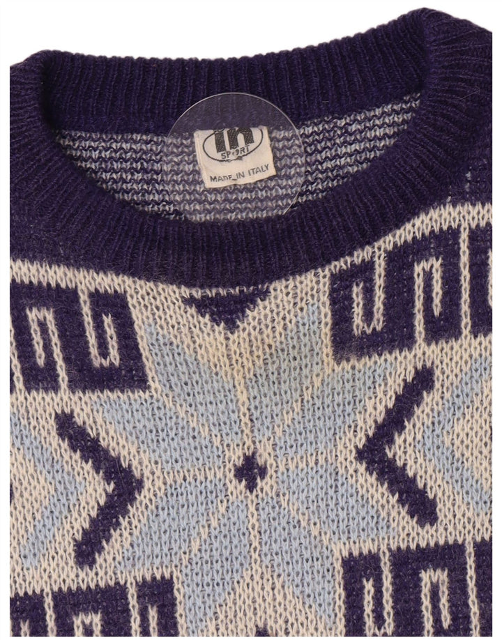 Vintage herre rund hals sweater medium marineblå geometrisk