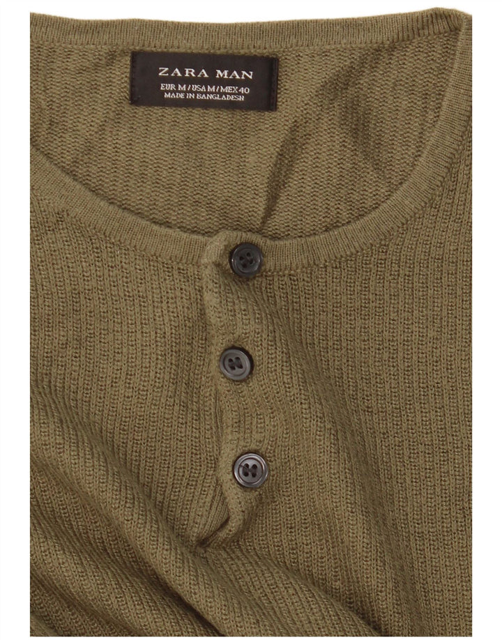 Zara Herre Button Neck Jumper Sweater Medium Khaki
