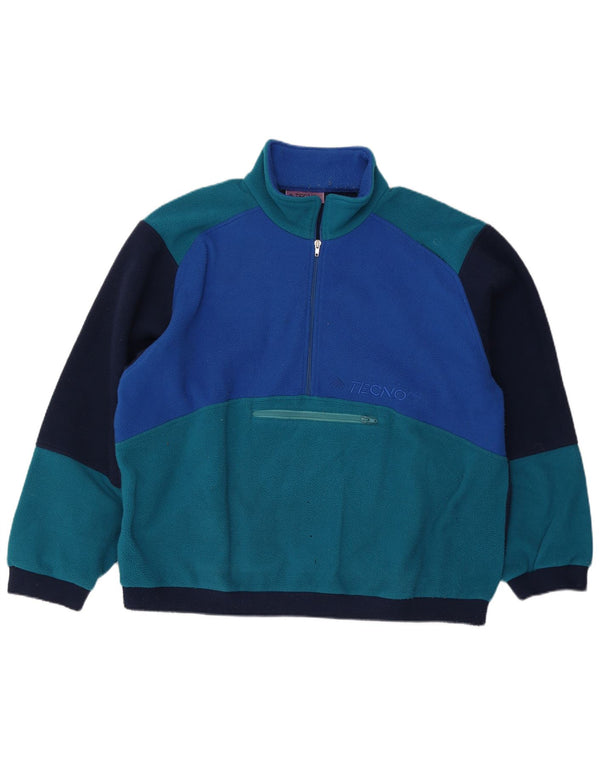 Vintage Mens Zip Neck Fleece Jumper 2XL Blue Colourblock