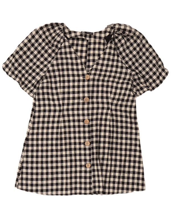 Zara Kvinders Kortærmede Skjortekjole UK 16 Stor Sort Gingham Linen