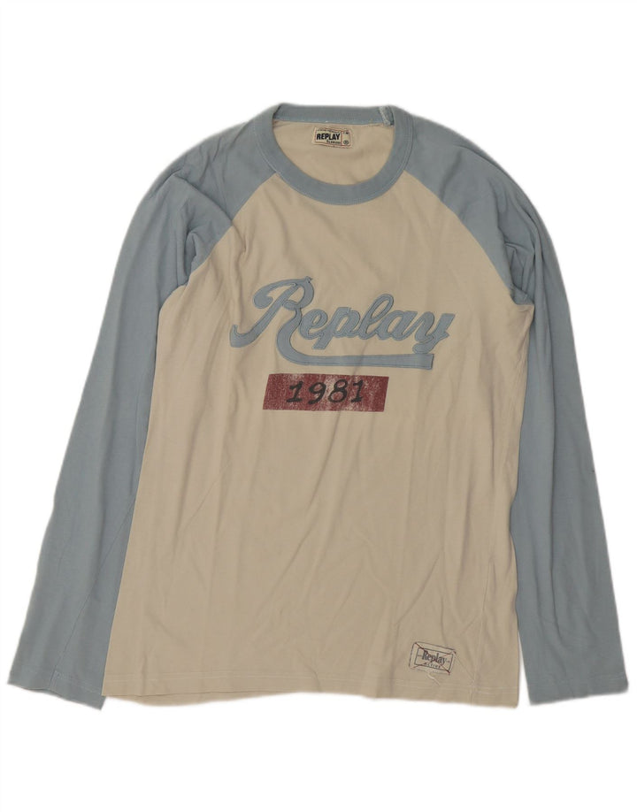 Replay Herre Grafisk Top Langærmet Medium Off White Colourblock Bomuld