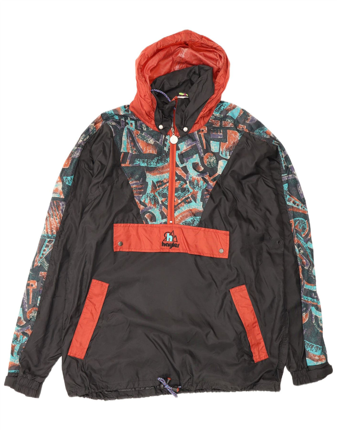 Vintage Herre Hætte Anorak regnjakke UK 38 Medium Sort Geometrisk