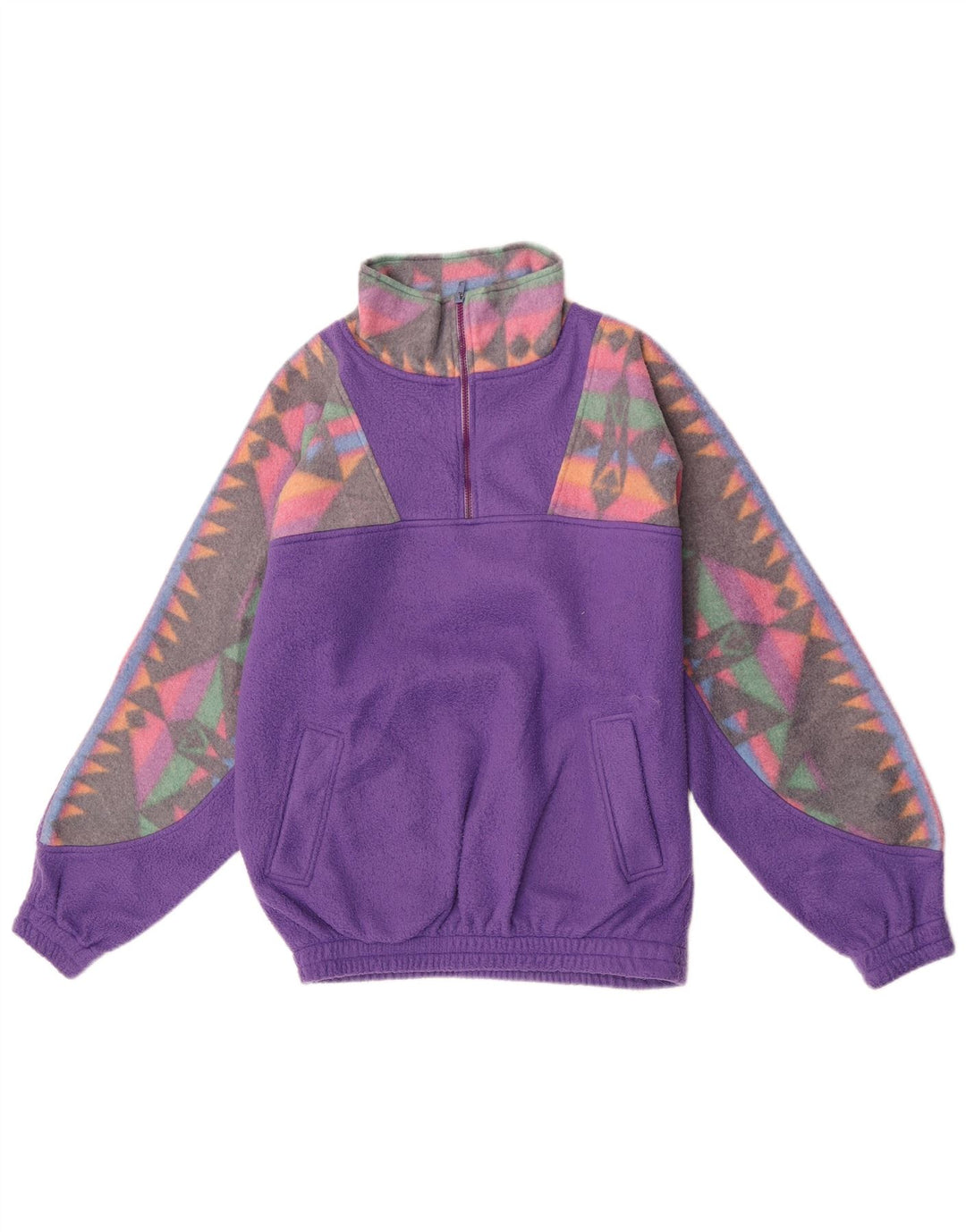 Vintage herre lynlås hals fleece jumper stor lilla geometrisk polyester