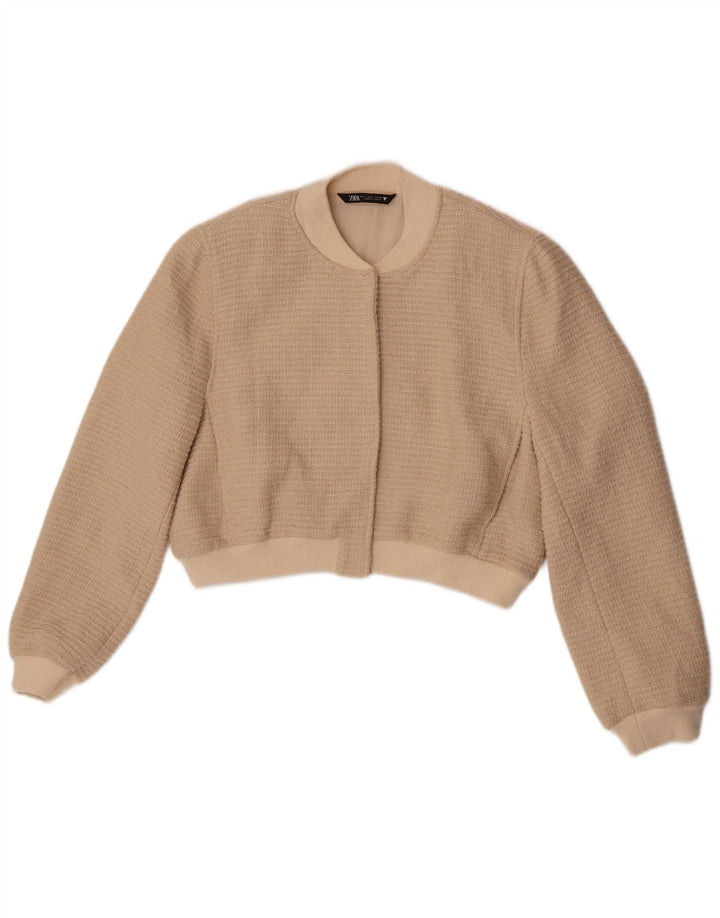 Zara Womens Bomber Jacket UK 16 Stor Beige Bomuld