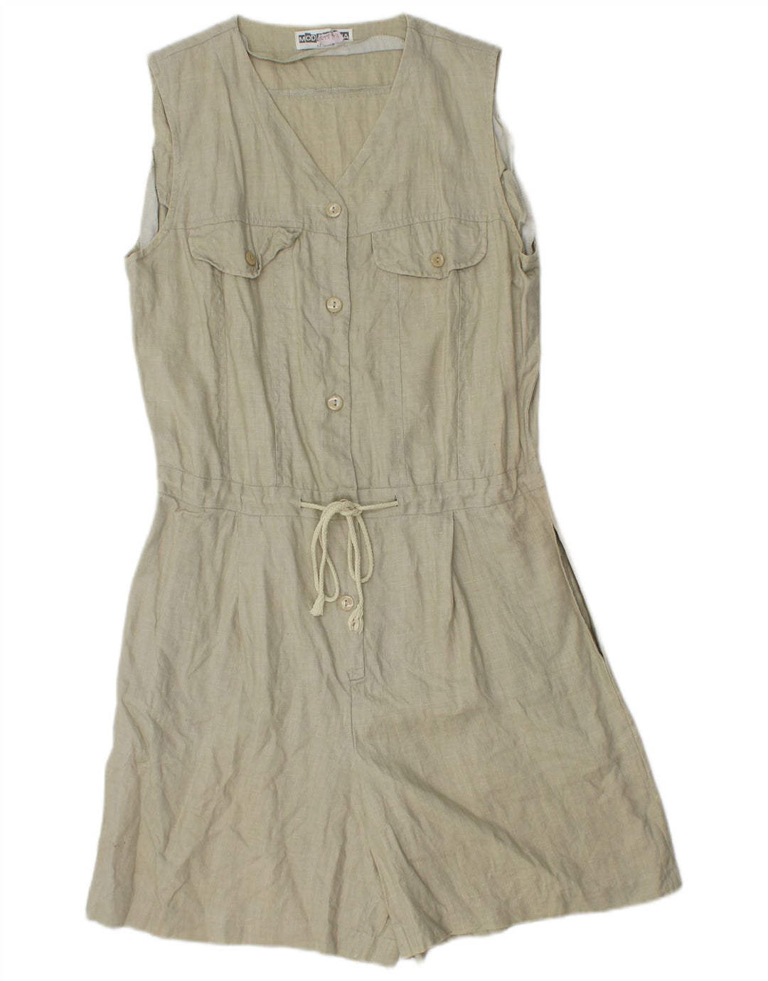 Vintage Dame Ærmeløs Playsuit UK 12 Medium Khaki Linen