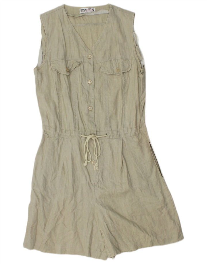 Vintage Dame Ærmeløs Playsuit UK 12 Medium Khaki Linen