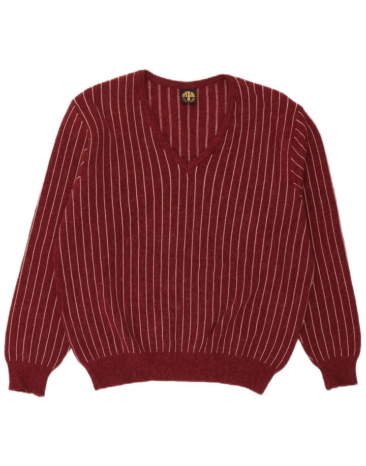 VINTAGE Mens V-Neck Jumper Sweater Large Red Striped Wool