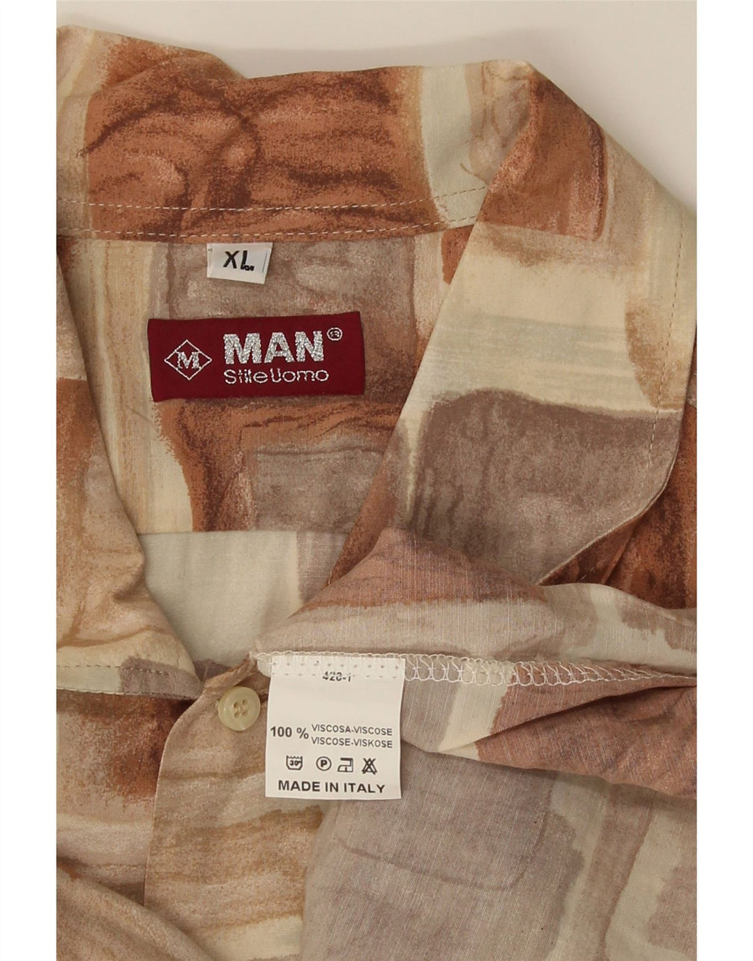 Vintage Kortærmet Herreskjorte XL Brun Patchwork Viscose
