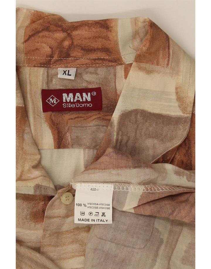 Vintage Kortærmet Herreskjorte XL Brun Patchwork Viscose