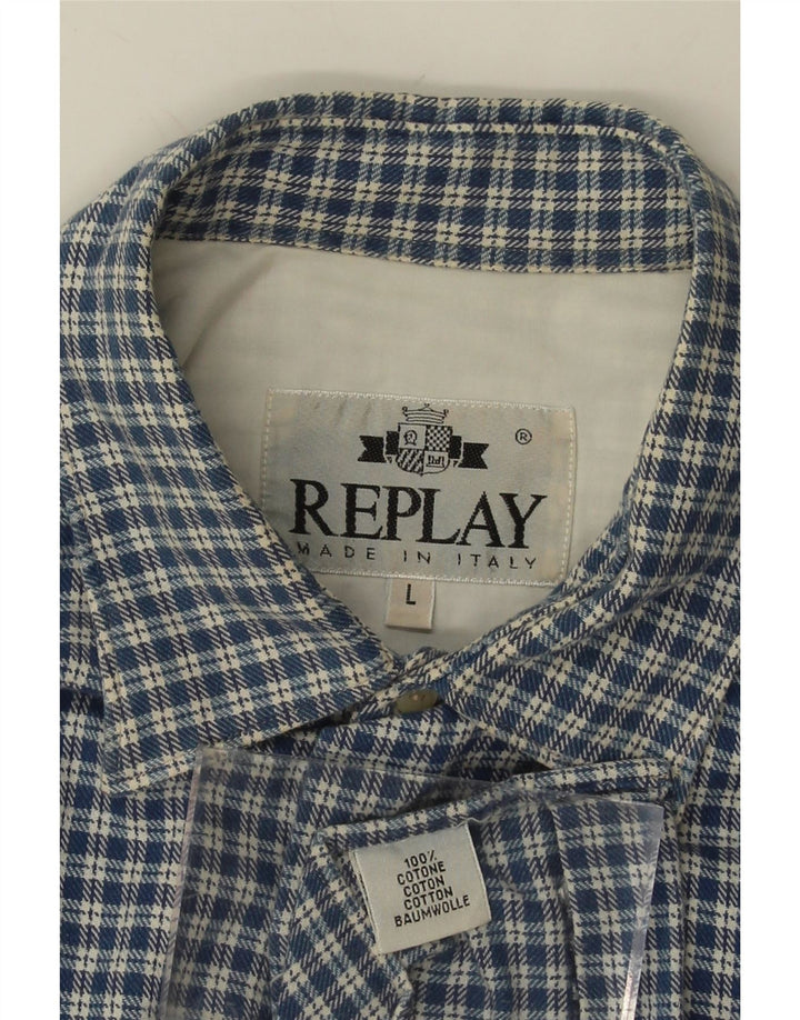 REPLAY Mens Flannel Shirt Large Blue Check Cotton Vintage Replay and Second-Hand Replay from Messina Hembry 