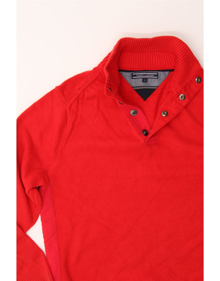 TOMMY HILFIGER Mens Button Neck Jumper Sweater Large Red Cotton Vintage Tommy Hilfiger and Second-Hand Tommy Hilfiger from Messina Hembry 