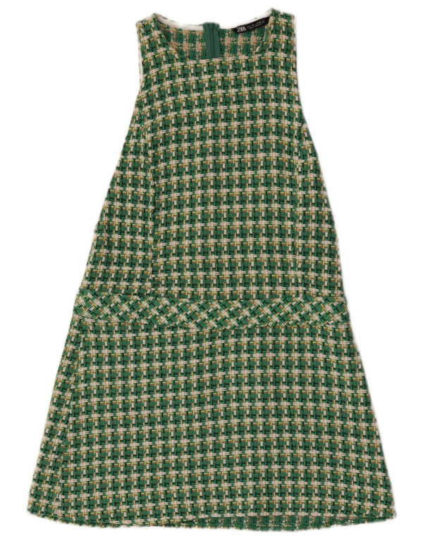 Zara Dame Ærmeløs A-Line Kjole UK 16 Large Green Houndstooth