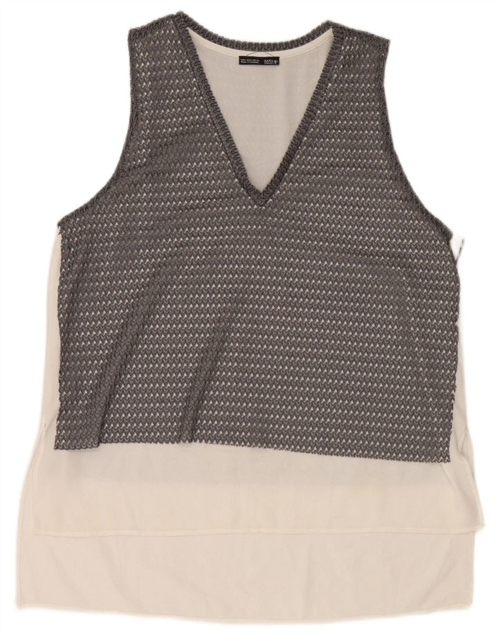 Zara Dame Sleeveless See Through Top UK 16 Large Grey Colourblock