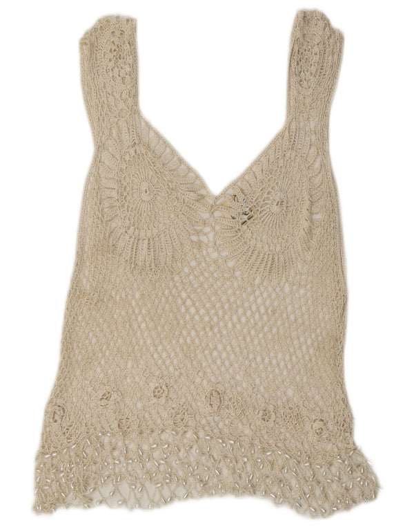 Rafale Dame Håndlavet Hæklet Bluse Top UK 14 Medium Beige Rayon