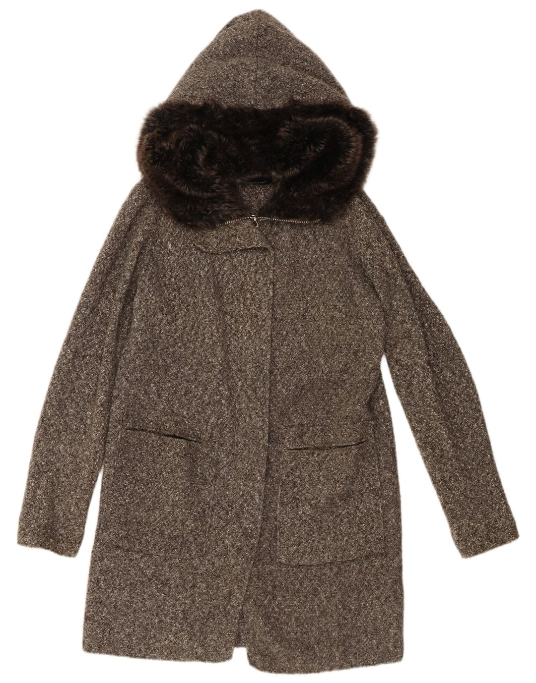 Zara Dame Oversized Hættestrikket Overfrakke UK 10 Små Grå Flecked Acryl