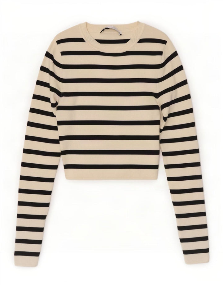 Zara Womens Crop Bluse Top UK 8 Small Off White Stribet Viscose