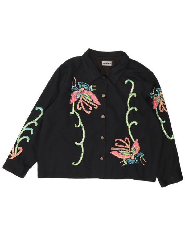 INDIGO MOON Oversized bomberjakke til kvinder UK 22 3XL Sort sommerfugl