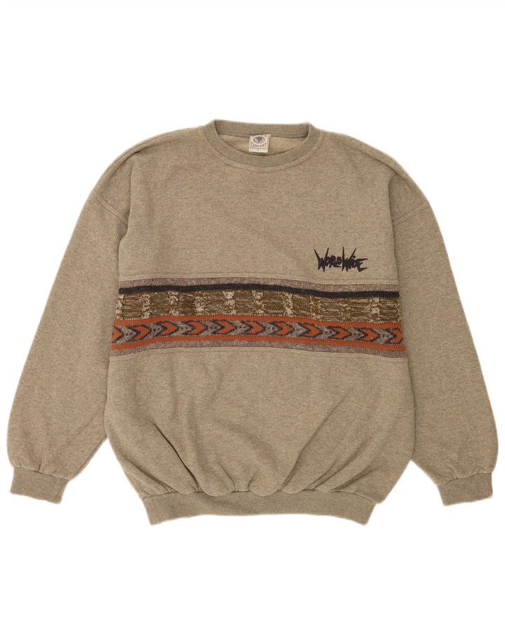 Vintage Herre Grafisk Sweatshirt Jumper Stor Grå Geometrisk Bomuld