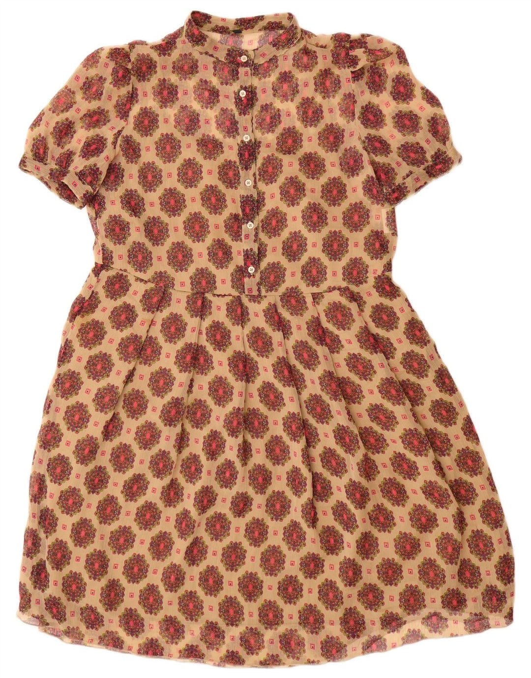 Benetton Dame A-Line Kjole UK 12 Medium Beige Floral