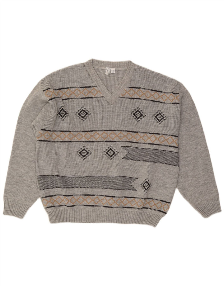 VINTAGE Herre V-hals sweater UK 46/48 2XL Grå Argyle/Diamond